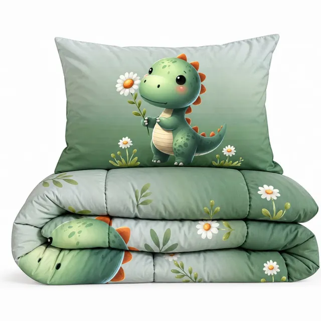 Eleganzzz Kinderdekbed Zonder Overtrek Sleeposaurus - Dino Kinderdekbed - Green - 140x200 cm - Microvezel - Inclusief Kussensloop