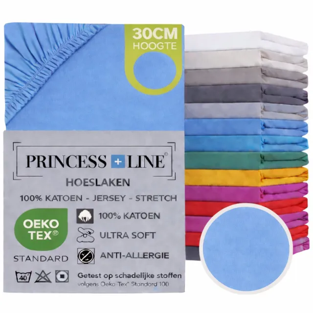 Princess Line Comfortabel Ultra-Soft-Hoeslaken -100% katoen-Jersey -Stretch -Strijkvrij- Rondom elastiek-Hoekhoogte tot 30cm-2Persoons-140x200 cm-Licht Blauw