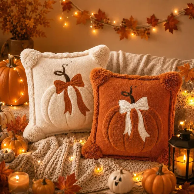 SNQ 2 Stuks Herfst Kussenslopen met Pompoen en Strik - 45x45 cm - Zacht Pluche - Met Vulling - Voor Bank en Woonkamer oranje en wit