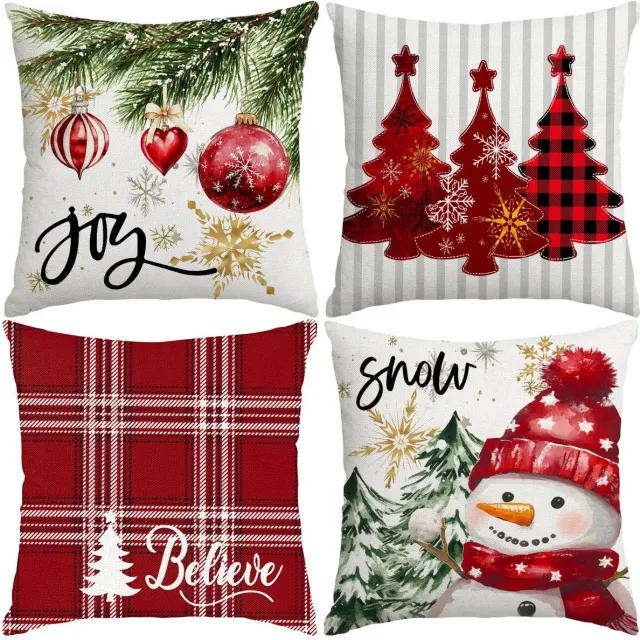 Unyqoos Set van 4 Kerstkussenhoezen met Sneeuwpop en Plaid Motief voor Bank rood