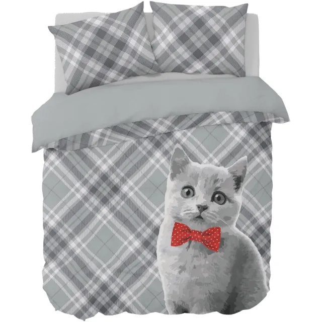Ambianzz Bedding Cat Bowtie - Dekbedovertrek - Polykatoen - Eenpersoons - 140x200/220 cm - Grijs