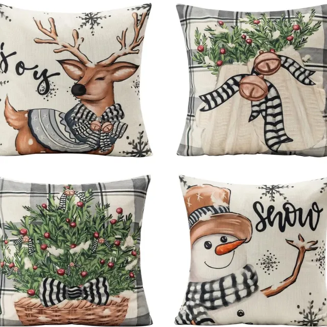 Unyqoos Set van 4 decoratieve kussenslopen met kerstmotieven voor een feestelijke sfeer wit grijs