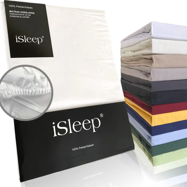 iSleep Perkal Hoeslaken - 100% Perkal Katoen - Hoge Hoek - Rondom Elastiek - Eenpersoons - 70x200 cm - Wit