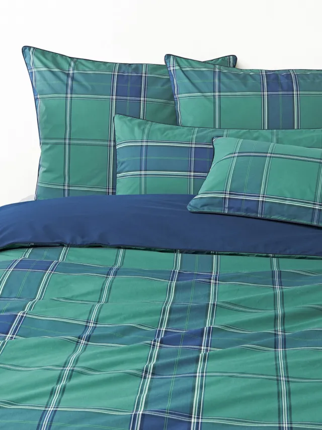 Westwing Collection Geruit perkalkatoenen dekbedovertrek Scarlet Groen, Blauw