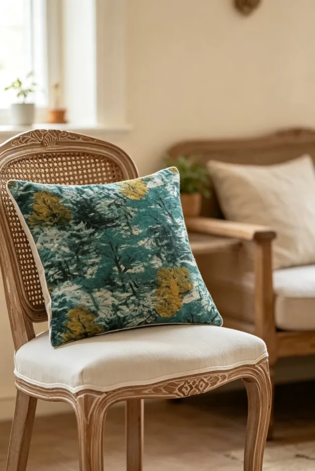 Floraweg Boho-kussenhoes van polyester met bosprint in blauwgroene tinten, vintage vierkante kussenhoes met bosmotief voor de inrichting van een landelijke bank,45x45cm