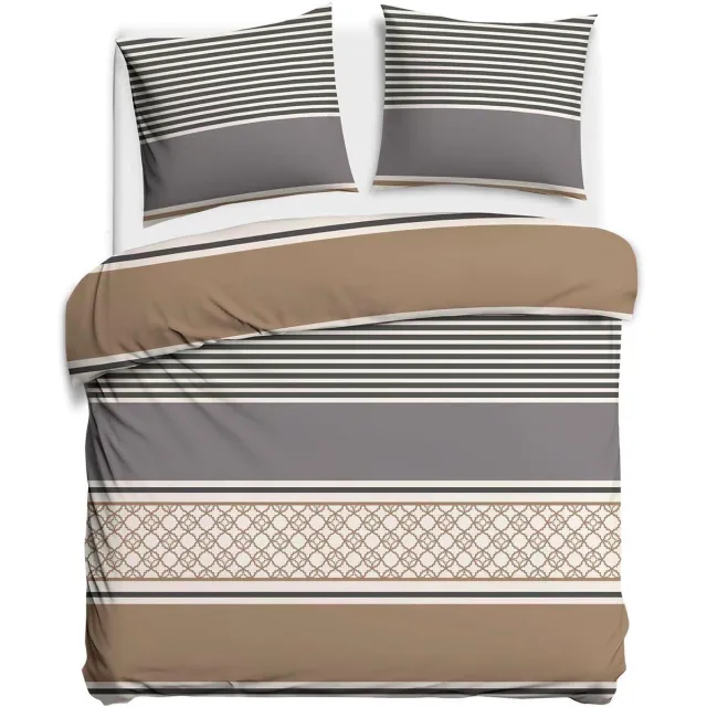 Darymex Satynlove Dekbedovertrek 160x200 cm - Grijs / Bruin - Klassieke Strepen - 100% Katoen-Satijn (120 g/m²) - Twijfelaar - Met Ritssluiting - OEKO-TEX® - Met 2 Kussenslopen 70x80 cm Grijs | Bruin