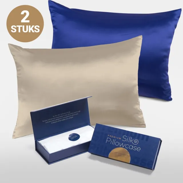 Slowwave Premium Silk Pillowcase - Colorpack: Champagne en Cloud Burst (blauw) - 100% Moerbeizijde - 22 momme - Hoogste kwaliteit (grade 6A) - 60x70cm