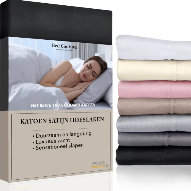 Bed Couture Satijnen Hoeslaken 100% Katoen Satijn - Zwart - 120x200cm - Hoekhoogte 32cm - Super Zacht - 5 Sterrenhotel Kwaliteit