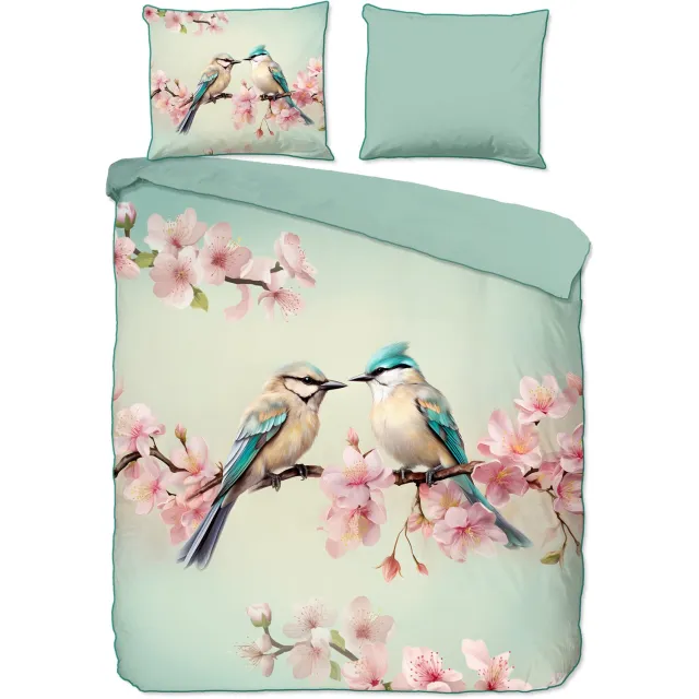 Descanso dekbedovertrek twee vogels op een bloesemtak - 2 persoons 200x200/220 cm - Mint - 100% Katoen satijn