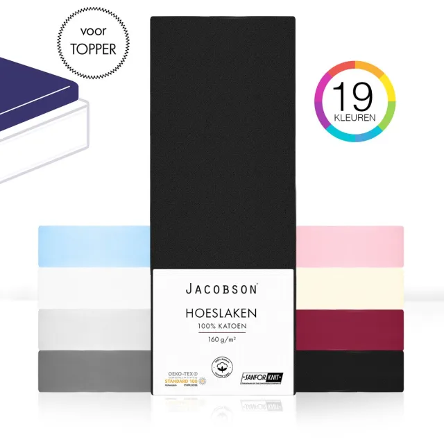 JACOBSON Hoeslaken Topper – 100% Jersey Katoen – 200x200 cm – Zwart