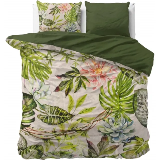 Sleeptime 2-persoons LUXE dekbedovertrek (dekbed hoes) crème / ecru / beige met groene botanische bloemen (waterlelies), planten en natuur jungle bladeren KATOENSATIJN tweepersoons 200 x 220 cm (beddengoed van hoge kwaliteit, Sint & Kerst cadeau!)