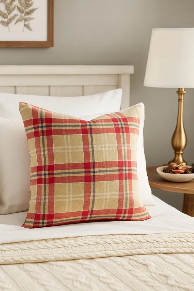 Sleepon_pl Kerst Kussenhoes 40x40cm Rood Beige Geruit met Gouden Draad Rood en beige ruitpatroon met gouden draad