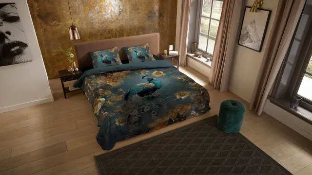 Pure dekbedovertrek pauw met gouden bloemen - Lits jumeaux 240x200/220 cm - Petrol - Microvezel