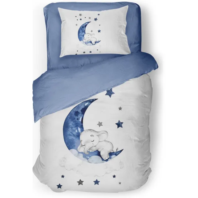 Eleganzzz Kinder Dekbedovertrek Elephant Moon - Olifant Dekbedovertrek - Blue - Dekbedovertrek Kinderen - Micropercal Ice Baby