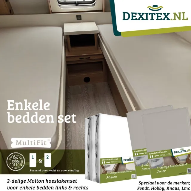 dexitex 1 x Molton + 2 x Hoeslakenset ( 2 x Zandkleur ) enkele bedden 2elig geschikt voor Caravan Fendt-Hobby-Knaus-LMC-Tabbert-Weinsberg-Dethleffs-Bürnster 1 x molton + 2 hoeslakens Zandkleur