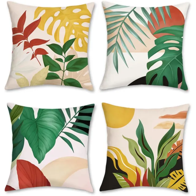 Ibenzoa Set van 4 decoratieve kussenslopen met tropische palmbladeren en zonsondergang design, 45 x 45 cm kleurijk