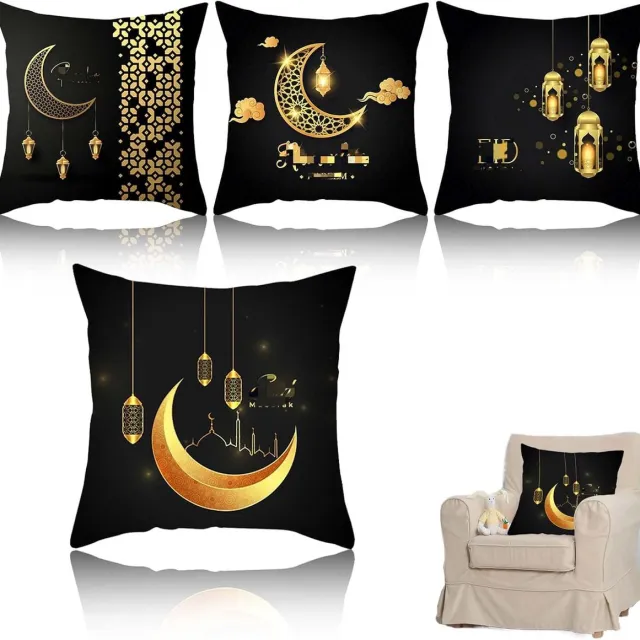 Famanu 4 stuks decoratieve Ramadan kussenhoezen - linnen met maan en lantaarn patroon - 45 x 45 cm - sfeervolle sierkussenovertrekken voor bank en woonkamer ZWART