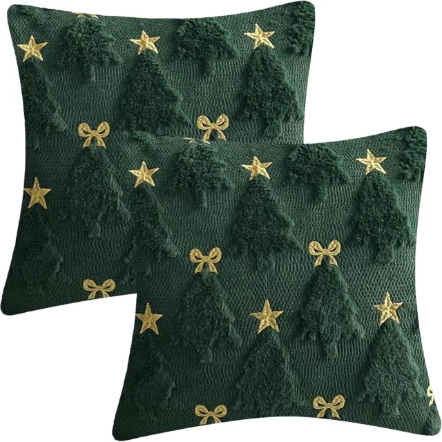 KZQ Set van 2 kussenslopen met kerstthema (vulling niet inbegrepen) - 45 × 45 cm - Enkelzijdige pluche kussensloop - Kerstboomstrikpatroon - Zacht en huidvriendelijk - Geschikt voor de feestdagen in de woonkamer en slaapkamer - Groen