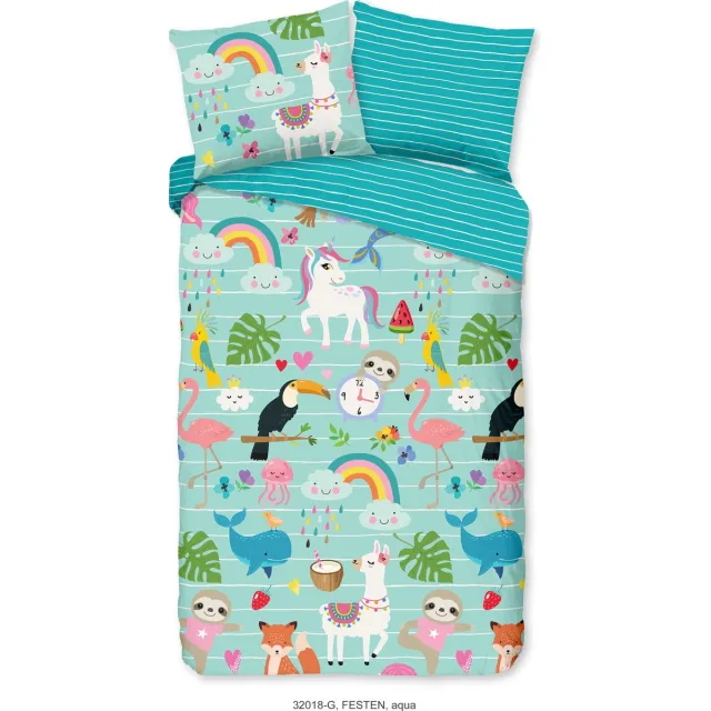 Good Morning dekbedovertrek dieren en regenbogen - Aqua - 100% Katoen renforce