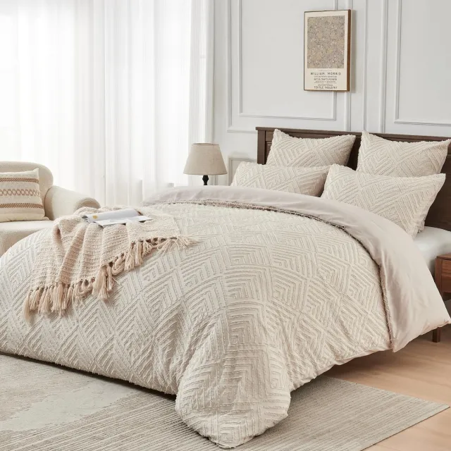 Ibenzoa Stijlvolle en zachte dekbedovertrekset met geometrisch ontwerp voor tweepersoonsbed beige