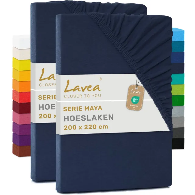 lavea Set van 2 Hoeslakens 200x220 cm – 100% Zacht en Ademend Katoen – voor Dikke Matrassen tot 35 cm – Jersey met Elastiek rondom – Galaxieblauw Nachtblauw