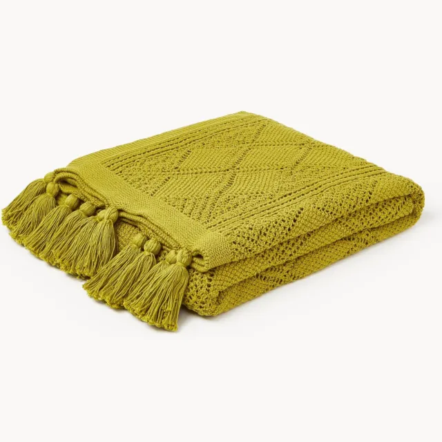 Westwing Collection Gebreide plaid Sarah met kwastjes Groen