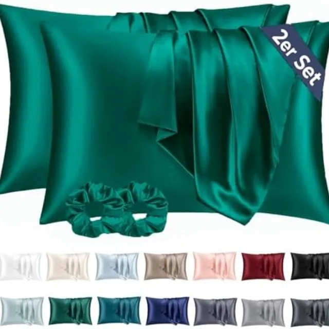 PromoHome Satijn Kussensloop Set van 2 - 50x70 cm Groen - Luxe Zijdezacht Microvezel Kussensloop met Envelopsluiting en Gratis Haarelastieken - Haar- en Huidvriendelijk