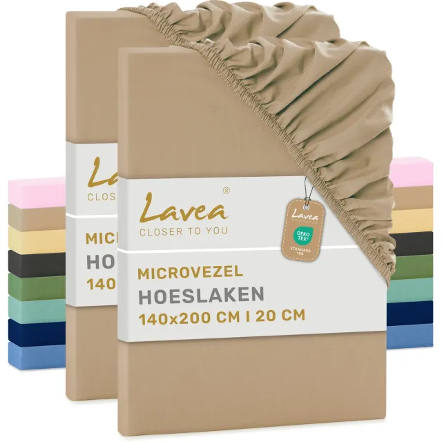 lavea Set van 2 Hoeslakens 140x200 cm – zachte en ademende microvezel – voor matrassen tot 20 cm – met elastiek rondom – oeko-tex gecertificeerd – Zand