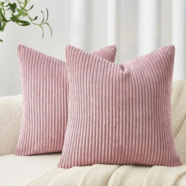 Famanu Kussenslopen 50 x 50 cm - roze - corduroy - set van 2 - gestreept patroon - kussensloop - bankkussen - sierkussen - decoratie - meisjes - kinderkamer - slaapkamer
