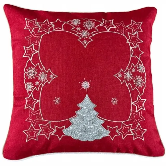 DeHome Kerstkussenhoes Sterrenbomen 40x40 cm Rood met Zilveren Borduurwerk