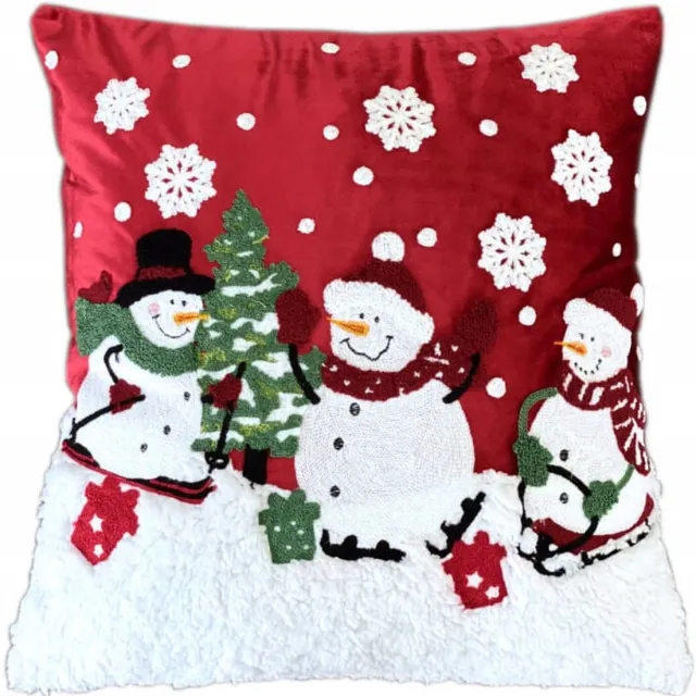 DeHome Kerst kussenhoes 45x45 cm, rode velours met sneeuwpoppen Rood
