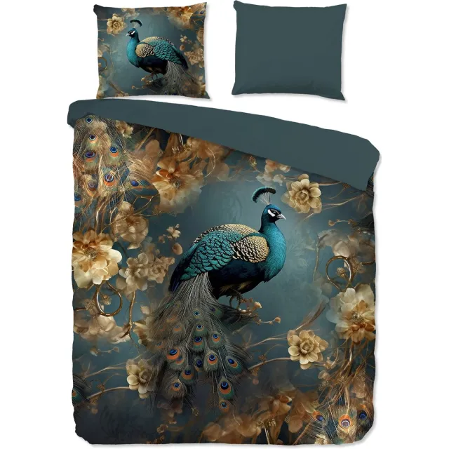 Pure dekbedovertrek pauw met gouden bloemen - 2 persoons 200x200/220 cm - Petrol - Microvezel