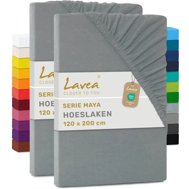 lavea Set van 2 Hoeslakens – 100% Zacht en Ademend Katoen – voor Dikke Matrassen tot 20 cm – Jersey met Elastiek rondom – Middengrijs