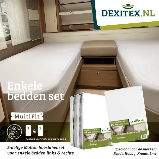dexitex 1 x Molton + 1 x Hoeslakenset Wit enkele bedden 2 delig geschikt voor Caravan Fendt-Hobby-Knaus-LMC-Tabbert-Weinsberg-Dethleffs-Bürnster 1 xmolton 1 x hoeslaken Wit