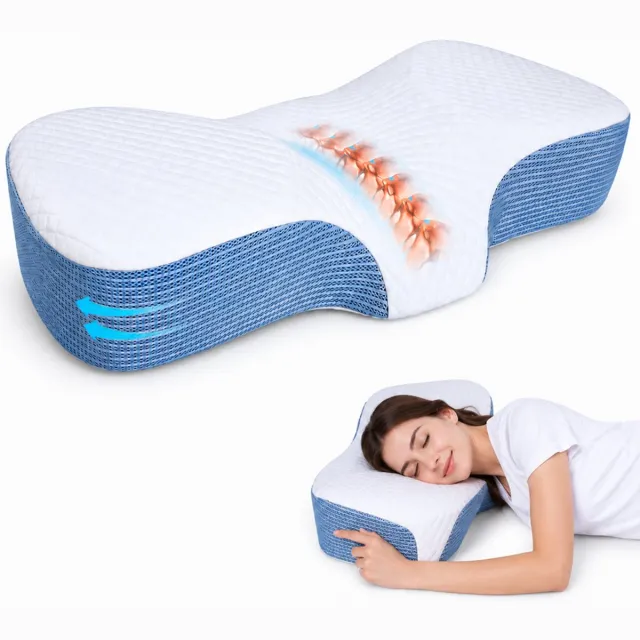Quincs Ergonomisch Hoofdkussen - Hoofdkussen Nekklachten - Vlinderkussen - Voor Rug, Buik- en Zijslapers - Memory Foam - Traagschuim Slaapkussen - Kussen - Ergonomisch Kussen - Orthopedische Kussens - Zacht turquoise / wit