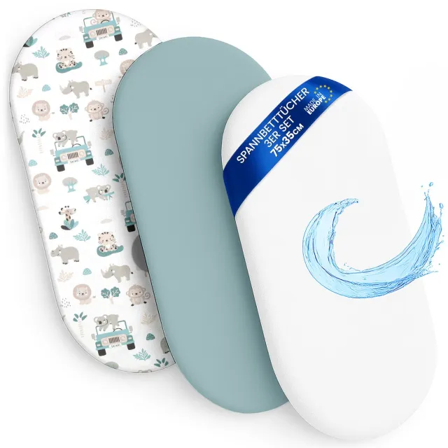 Totsy baby Hoeslaken Kinderwagen Baby Hoeslakenset Set van 3: 35x75 cm - 2x lakenset + 1x waterdichte matrasbeschermer - Babybed Accessoires voor Kinderbedje Aanschuifbed Wiegje 35 x 75 Afrika en salie kleur