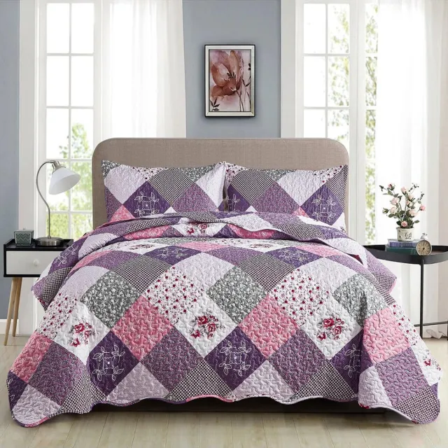 Unyqoos Elegante Patchwork Sprei Set Met Bloemenpatroon En Kussenslopen Voor Een Luxe Slaapkamerervaring paars