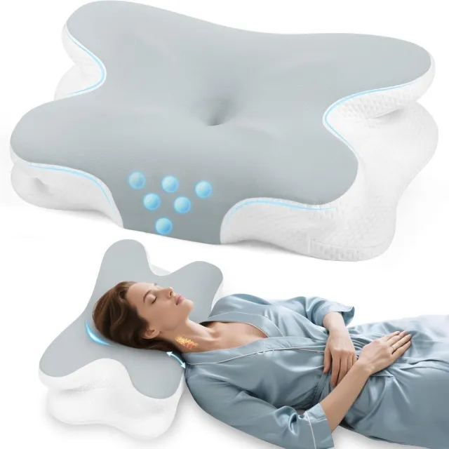 JIMUYU Vlindervormig Traagschuim Nekkussen - Ergonomisch, Ademende Hoes, Langzame Terugvering - Verlicht Nek- En Schouderpijn - Voor Zij, Rug- En Buikslapers - Grijs & Wit Grijs Wit