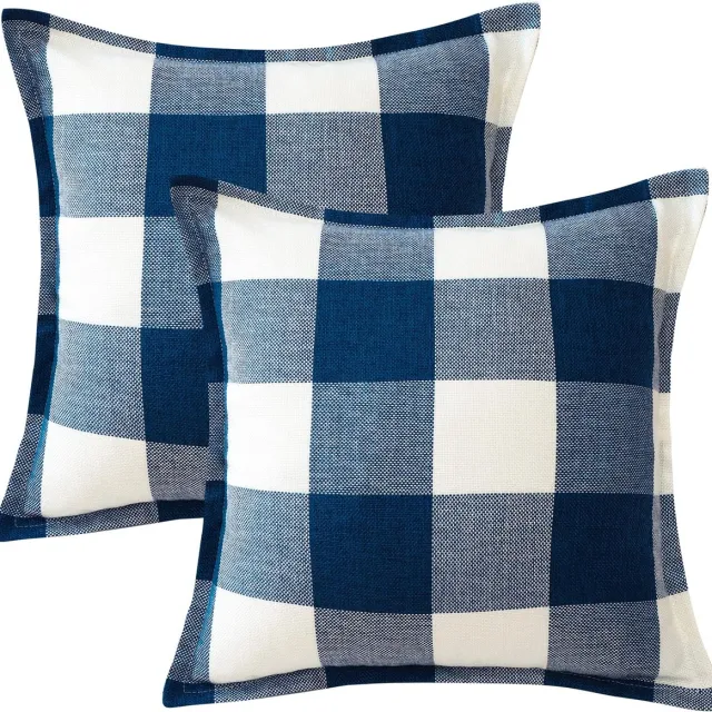 Unyqoos Set van 2 decoratieve kussenhoezen met geruit patroon voor huisdecoratie, 40 x 40 cm donkerblauw