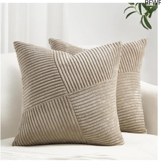 RFWR Set van 2 Corduroy Kussenslopen met Strepen Patroon - Decoratieve Kussensloop 50 x 50 cm voor Bank en Slaapkamer Beige