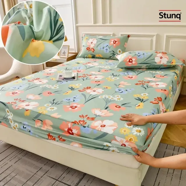 Stunq Hoeslakenset Bloemenprint Mintgroen - Elastisch Hoeslaken met 2 Kussenslopen