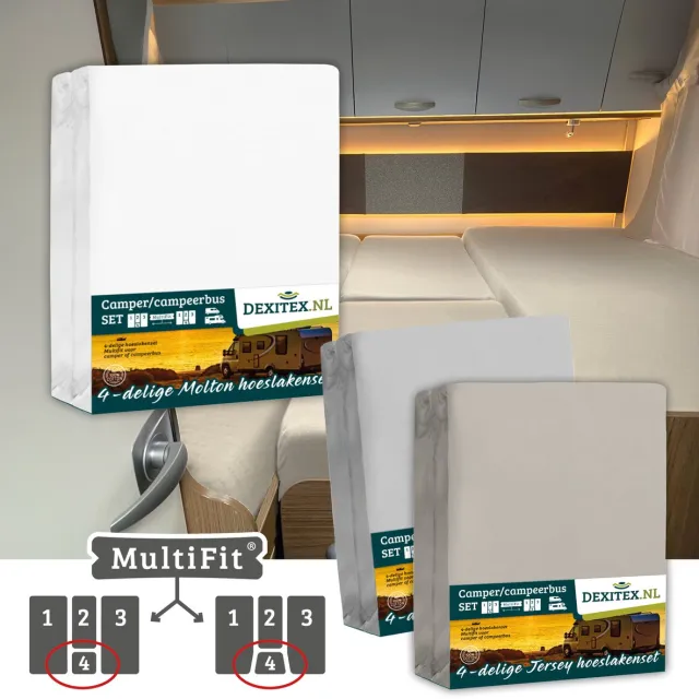 dexitex 1 x Molton 1 x Hoeslaken Lichtgrijs + 1 x Hoeslaken Zandkleur / 4 delige set-Geschikt voor Camper lengtebedden of enkele bedden 1 molton/ 2 x hoeslakens Lichtgrijs + Zandkleur