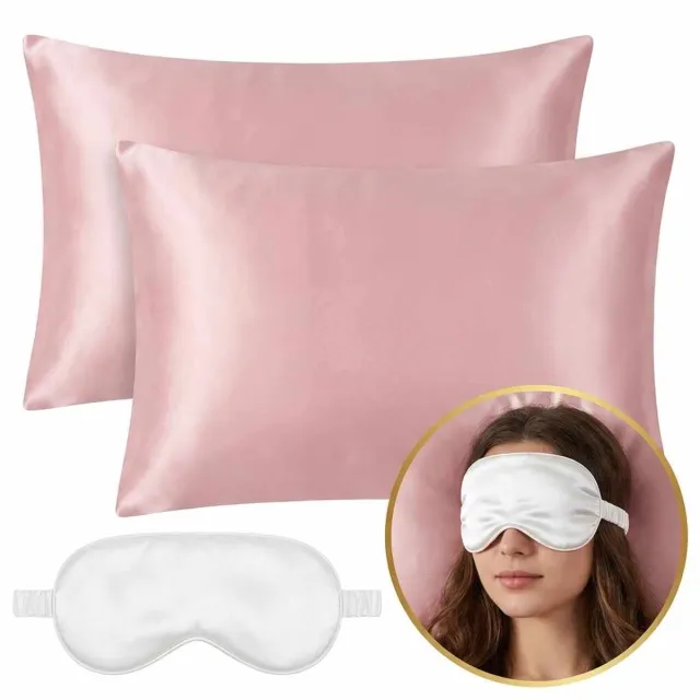 DIVERZA Satijnen Kussenslopen Set – Inclusief Wit Slaapmasker – 60x70cm – Zacht voor Haar & Huid – Hypoallergeen – Roze en Wit Kussensloop Roze - Slaapmasker Wit