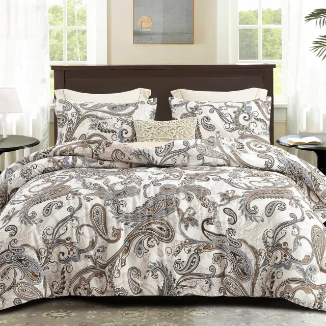 Famanu Dekbed in 220 x 230 cm, ademend en zacht, slaapdeken voor 4 seizoenen, met 2 kussenslopen, paisley rookgrijs Neutraal