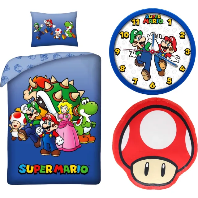 Super Mario slaapkamerset; dekbedovertrek, wandklok, kussen Debedset