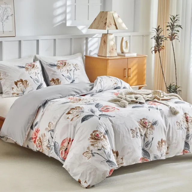 Ibenzoa Dekbedovertrek Set 200x200cm - Pioenrozen Patroon, 3-delig met Ritssluiting pioenroos