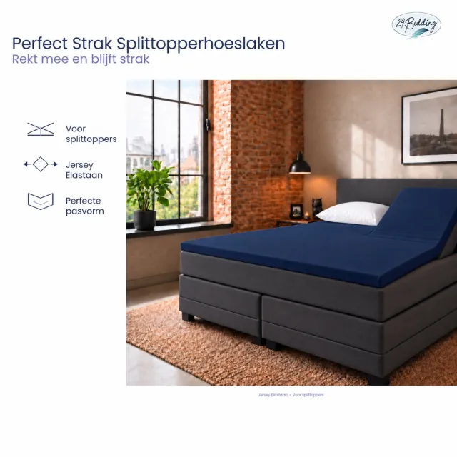 24-Bedding Jersey Splittopper Hoeslaken - Extra zacht - 97% katoen - 3% Elastaan - 160X220 cm - Marine - 5 t/m 15 cm hoogte.