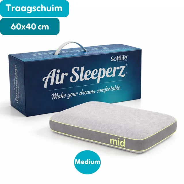 AirSleeperz SoftLife Memory Foam Hoofdkussen 60x40 cm - Medium Stevig Ergonomisch Traagschuim Kussen - Optimale Nekondersteuning - Ademend & Wasbare Hoes - Voor Zij- en Rugslapers Grijs/Antraciet