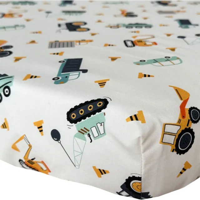BINK Bedding Hoeslaken Bram 90 x 200 cm - auto's - vrachtwagen - kiepwagen - tractor - werkvoertuigen - mintgroen - ecru - oranje - geel - grijs - katoen - jongens - kleuter - hoeslaken kinderbed - kinderhoeslaken - hoeslaken met print - eenpersoons geel, mint, antraciet, oranje, ecru