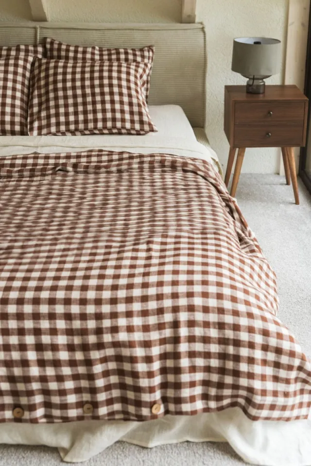 AmourLinen unisex vegan Beddengoedset Mocha Gingham Bruin, foto 2